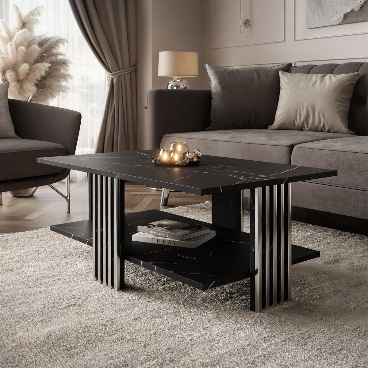 COUCHTISCH SAPHIRA SILVER mit Ablageboden, Schwarz Marmour - Schwarz, Holzwerkstoff (60/100/40cm) - Lookway