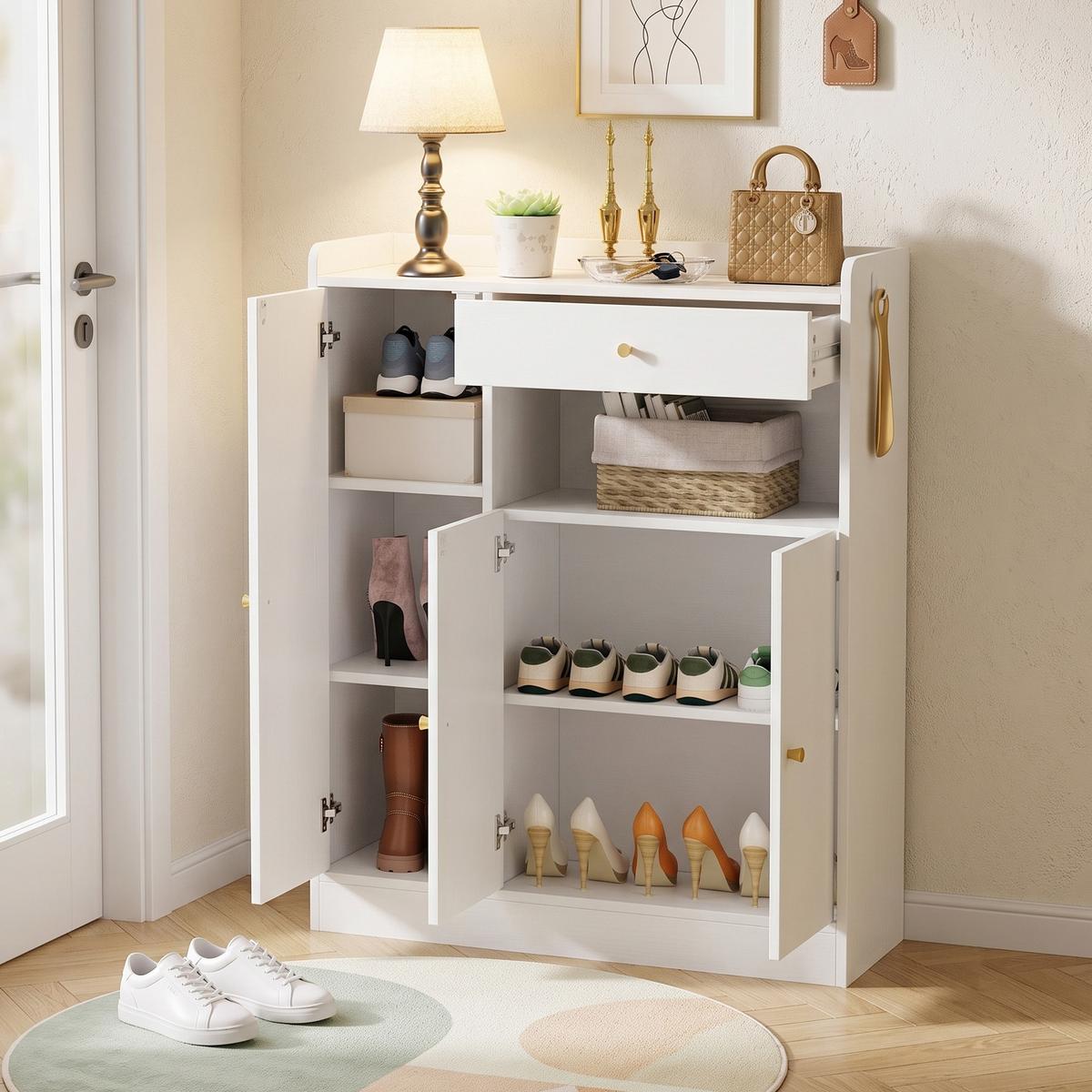 SCHUHESCHRANK Rattan Weiß & Natur Mit 3 Türen & 1 Schublade - Weiß, Holzwerkstoff (90/110/35cm) - Urban Meuble