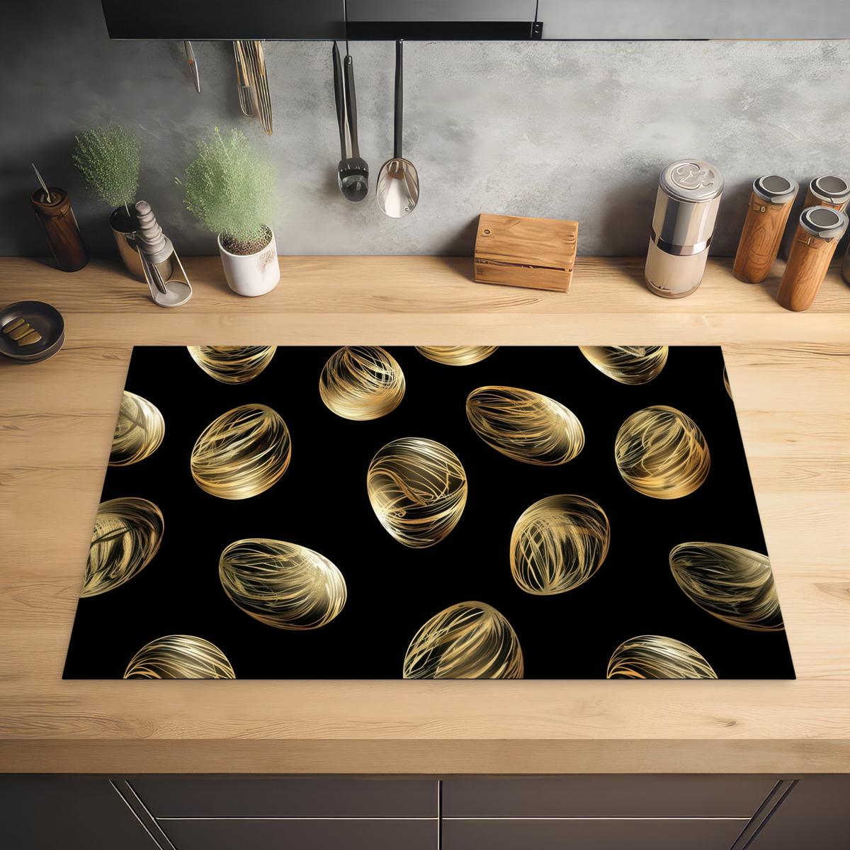 HERDABDECKPLATTE Eier - Gold - Muster Induktionsmatte 81x52 cm - Schwarz, Kunststoff (81/52/0.2cm) - MuchoWow