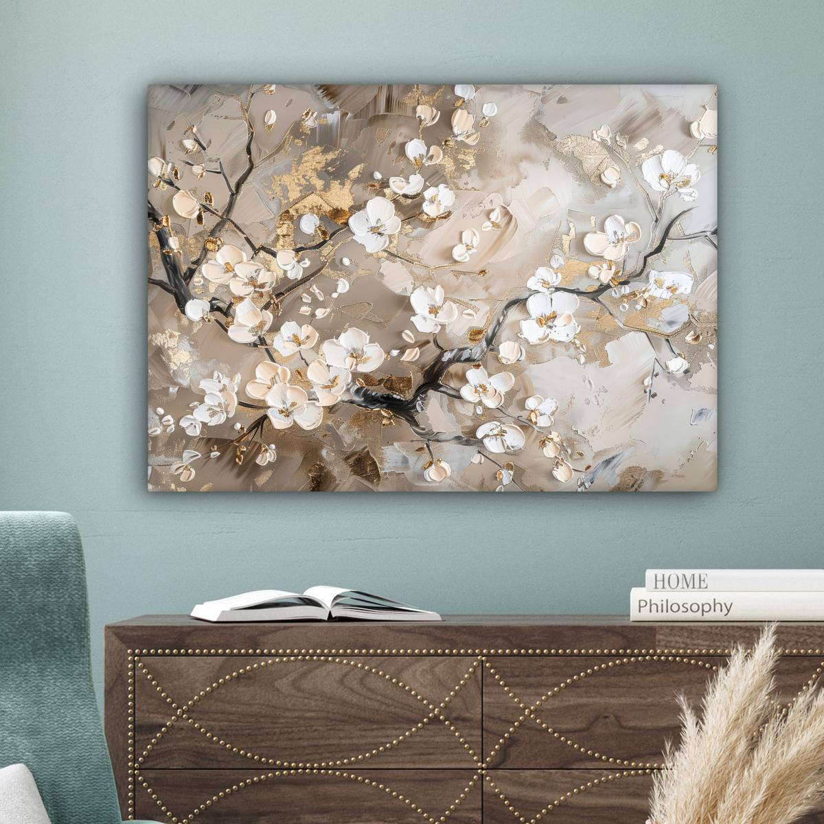 LEINWANDBILD Blumen - Weiß - Gold - Beige - Luxus Wandbilder 80x60 cm - Greige, Textil (80/60cm) - MuchoWow