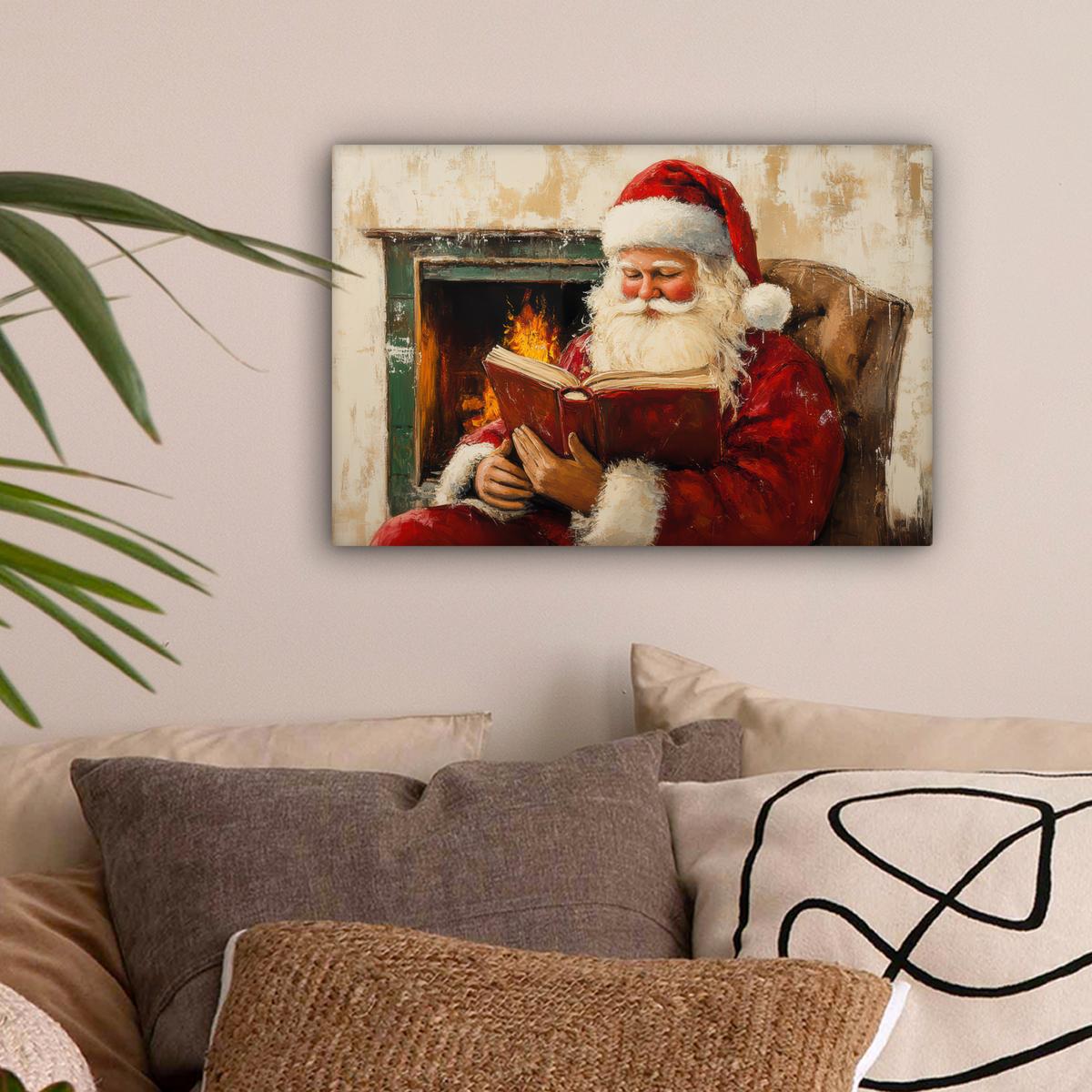 LEINWANDBILD Weihnachten - Weihnachtsmann - Winter - Open Fireside Deko Schlafzimmer 30x20 cm - Dunkelrot, Textil (30/20cm) - MuchoWow