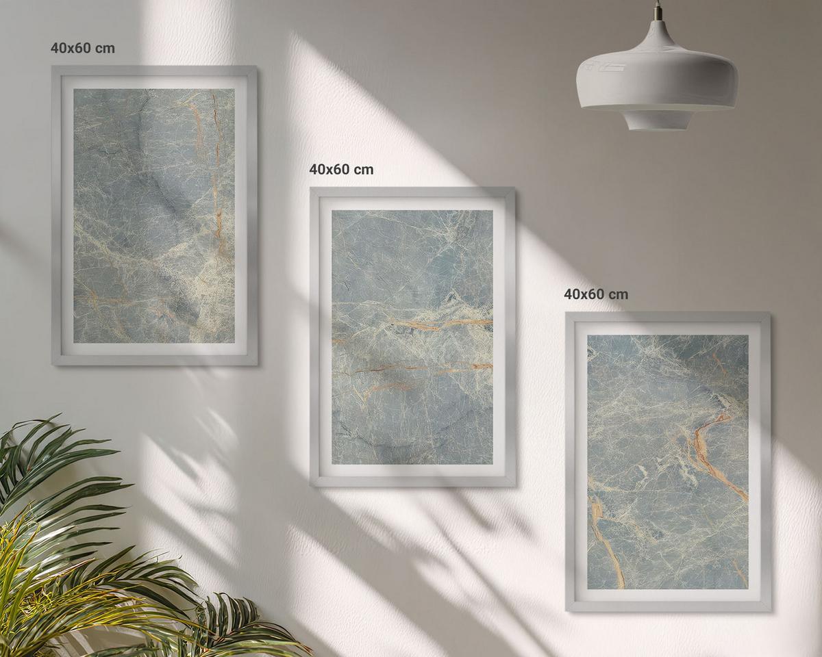 BILDER SET 3er Set - 40x60 cm Silberner Rahmen - Dekorativer Stein aus grünem Marmor - Silberfarben, Kunststoff (40/60cm) - TULUP