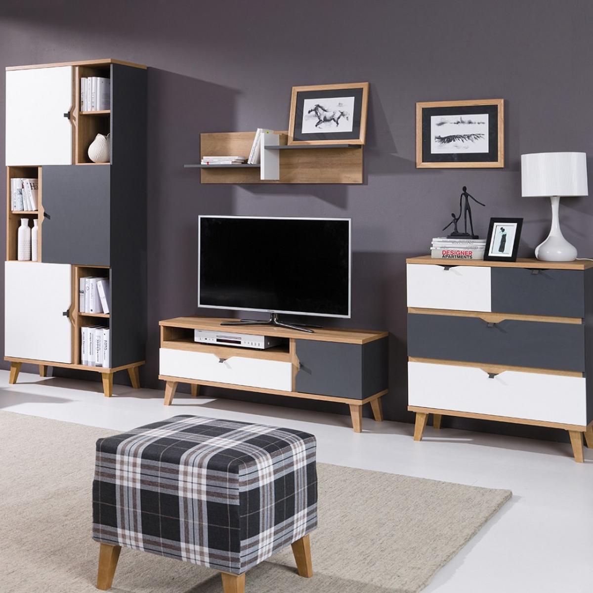 LOWBOARD Moreno mit 1 Tür und 1 Schublade, Eiche gold/mattweiß/graphit - Eichefarben/Graphitfarben, Holzwerkstoff/Kunststoff (120/48/40cm) - Beautysofa