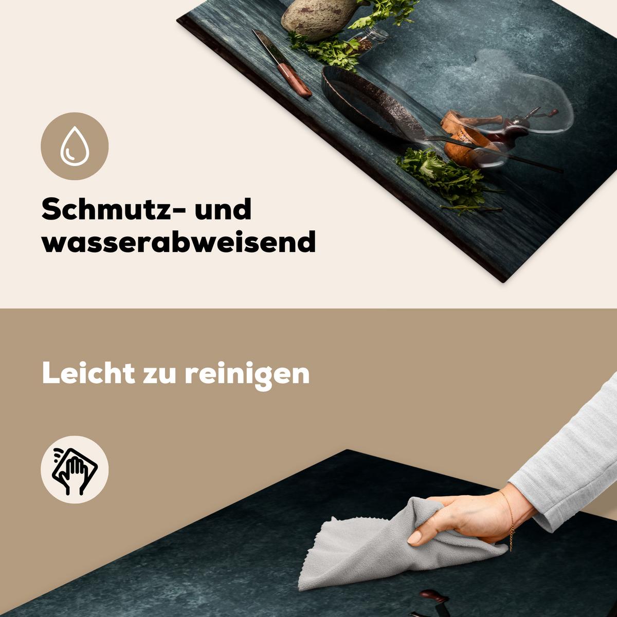 HERDABDECKPLATTE Kräuter - Gewürze - Pfanne - Messer - Grau - Rustikal Ceranfeldabdeckung 85x52 cm - Petrol, Kunststoff (85/52/0.2cm) - MuchoWow