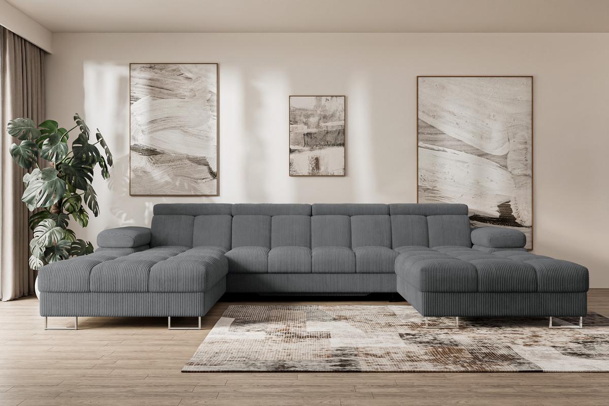 WOHNLANDSCHAFT mit Schlaffunktion und Bettkasten COMA U2 345x203x79 Dunkelgrau Cord - Graphitfarben, Holzwerkstoff/Textil (345/79/203cm) - ALTDECOR