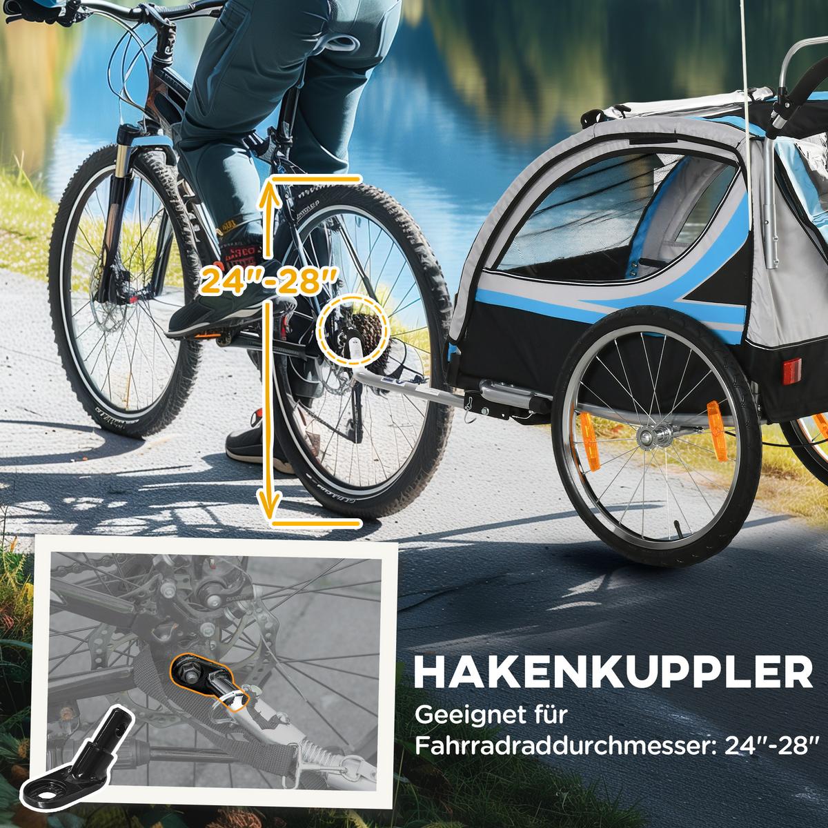 2 in 1 Kinderfahrradanhänger, Kinderanhänger, Fahrradanhänger, Blau - Blau, Metall (75/101/142cm) - HOMCOM