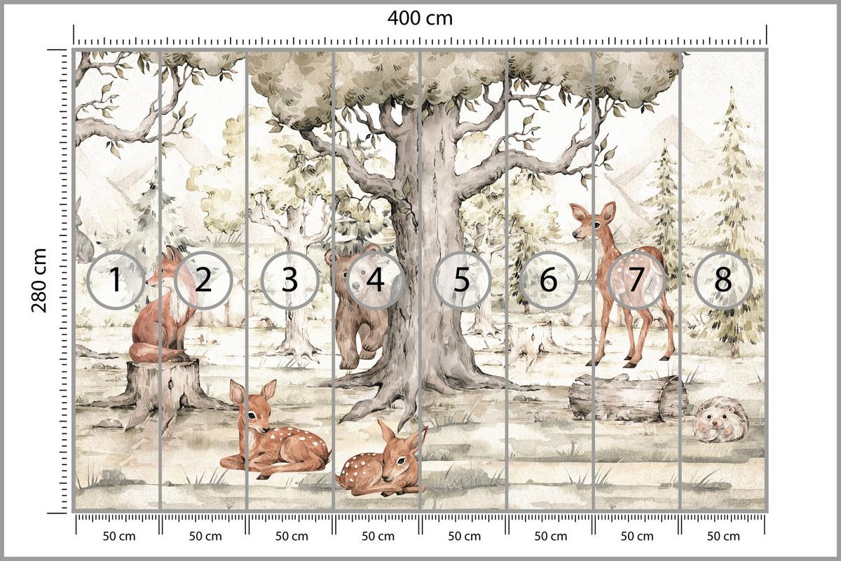 FOTOTAPETE für Kinderzimmer Waldtiere Aquarell Bär Fuchs Reh Bäume 400x280 - Beige/Orange, Papier (400/280cm) - Muralo