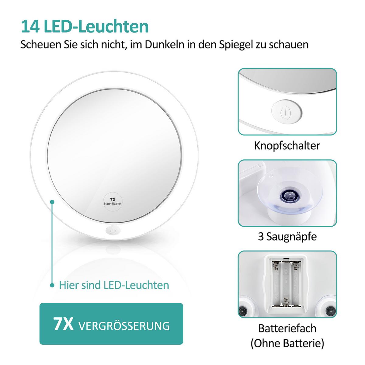 KOSMETIKSPIEGEL mit Licht mit Saugnapf 7X Vergrößerung Weiß φ16,5 cm - Weiß, Glas (16.7/16.7/16.7cm) - EMKE
