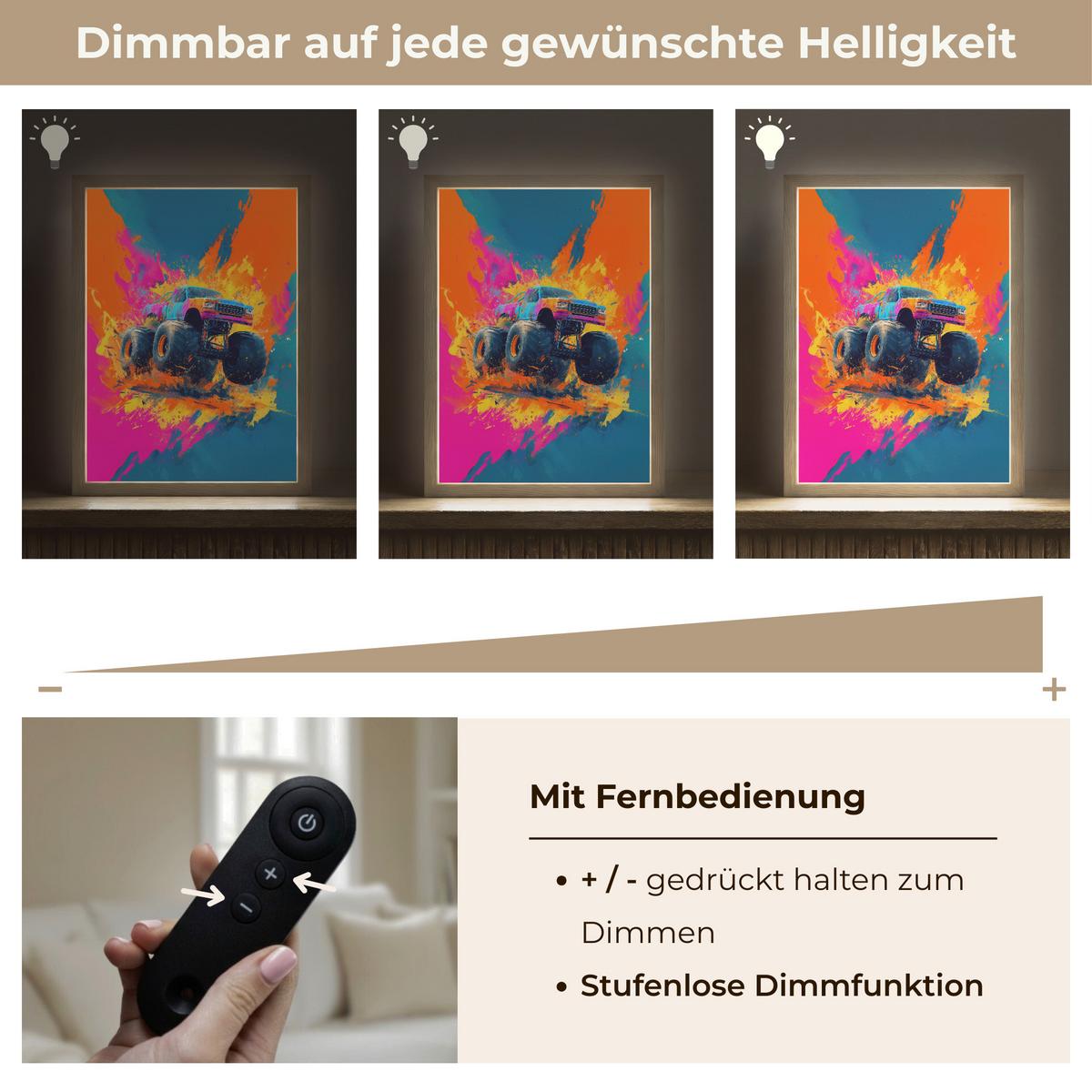 WANDLEUCHTE MIT AKKU Monstertruck - Abstrakt - Farbspritzer - Farbenfroh 30x40 cm - Pink, Holzwerkstoff (30/40/8cm) - OnlyWow