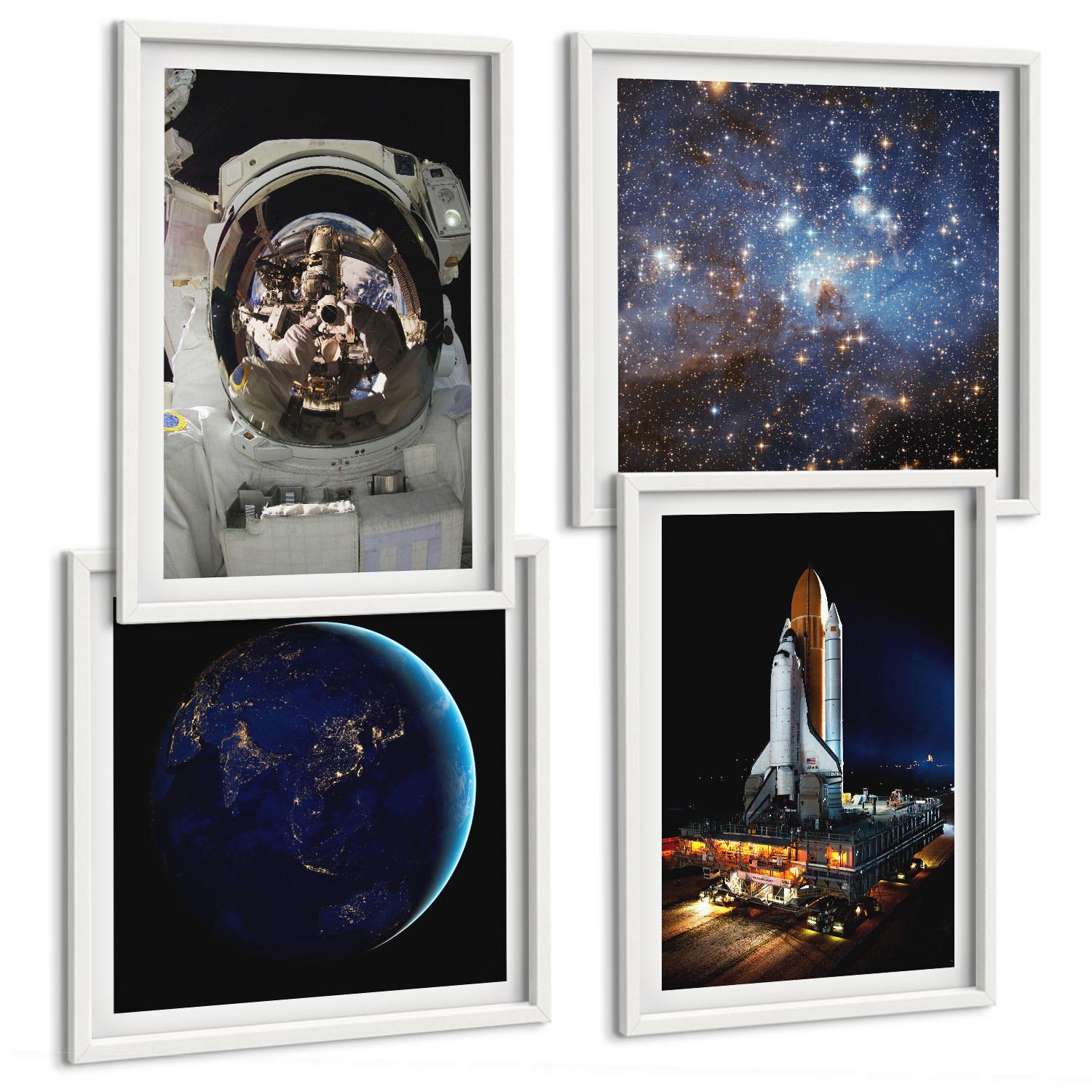 BILDER SET 4er Set - 50x50 cm & 40x60 cm Weißer Rahmen - Weltraum Erde Astronaut Rakete - Weiß, Kunststoff (50/50cm) - TULUP