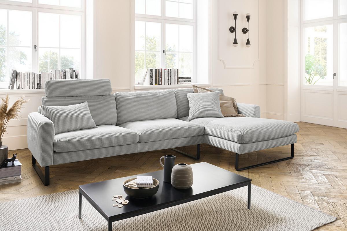 ECKSOFA RICARDA Hellgrau Cord - Hellgrau/Schwarz, Textil/Metall (298/154cm) - KAWOLA
