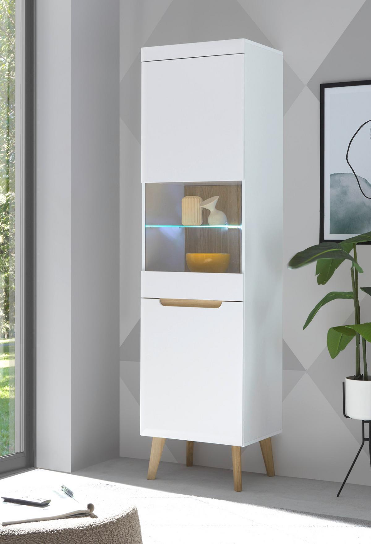 VITRINE weiß, Eiche, skandinavisch 53 x 197 cm, Vitrinenschrank mit Soft-Close - Eichefarben/Weiß, Glas/Holz (53/197/40cm) - Furn.Design