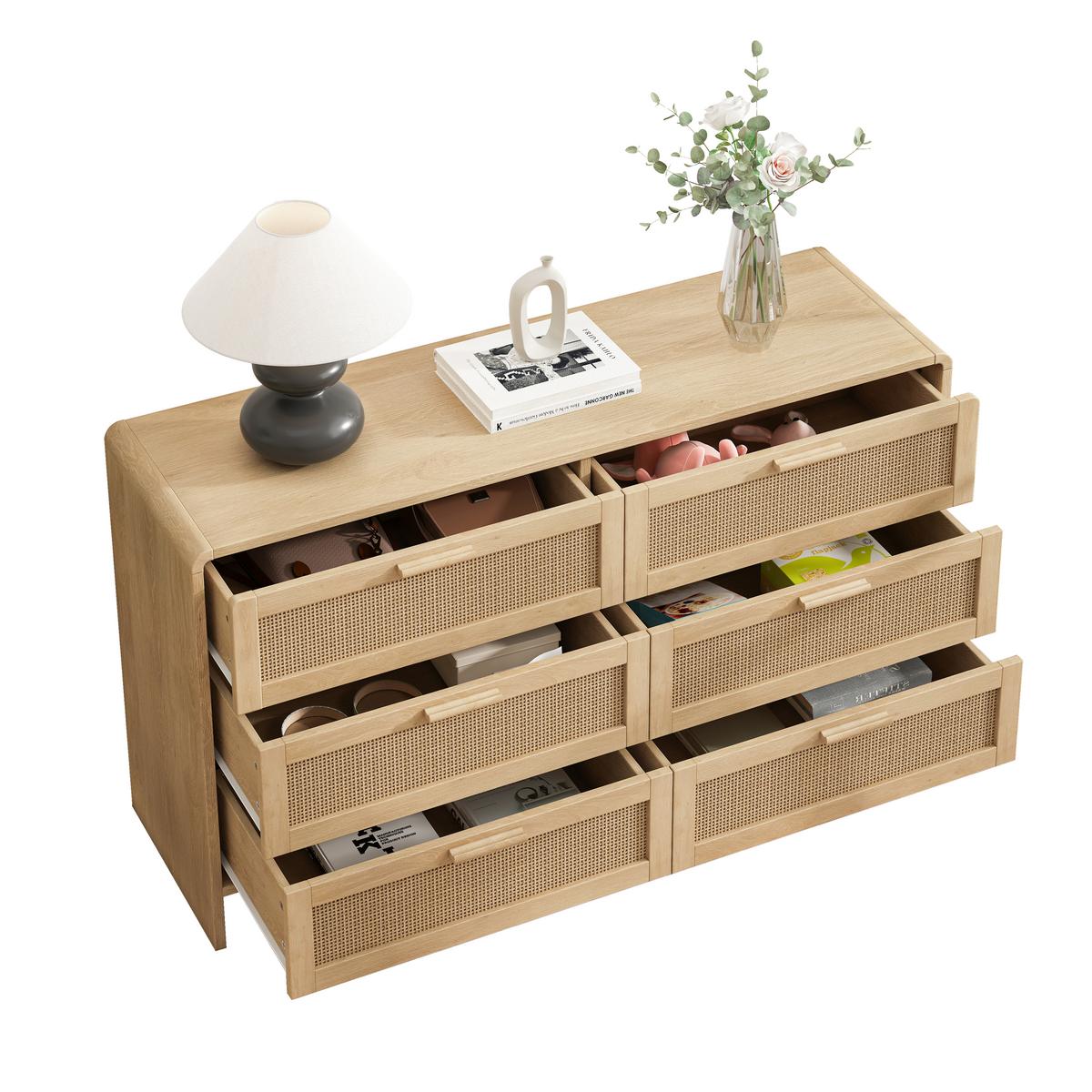 SIDEBOARD holzwerkstoff in natur mit rattan geflecht, abgerundete ecken & 6 schubladen - Naturfarben, Holzwerkstoff (130/74/40cm) - Urban Meuble