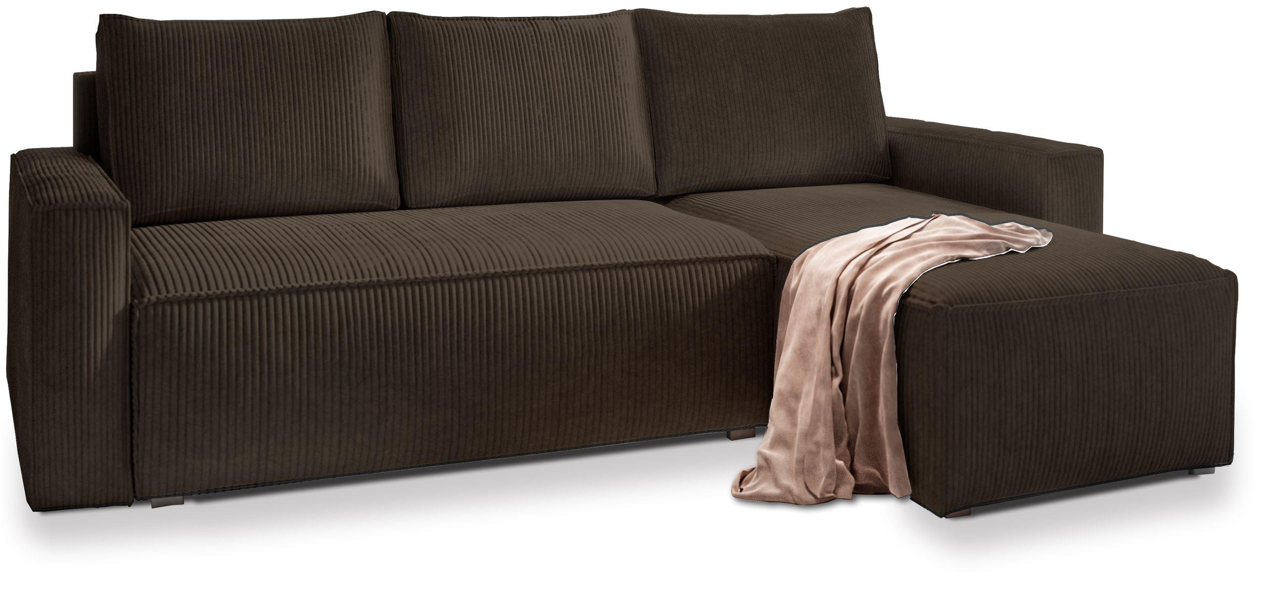 ECKSOFA POTARO Braun Kordstoff mit Schlaffunktion - Braun/Grau, Holz/Kunststoff (232/140cm) - MASSENO