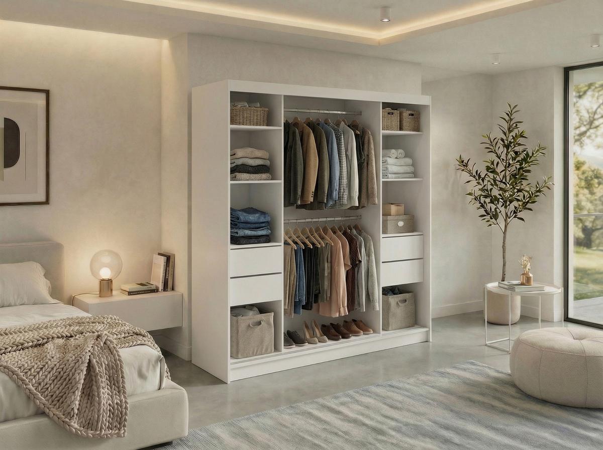SCHWEBETÜRENSCHRANK mit Schubladen 200 - GRECJA - Weiß mit Spiegel - Alufarben/Weiß, Holzwerkstoff/Metall (200/216/61cm) - MKS