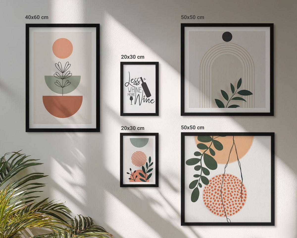 BILDER SET 5er Set - 50x50 cm & 20x30 cm & 40x60 cm Schwarzer Rahmen - Abstrakte Pflanzenformen - Schwarz, Kunststoff (40/60cm) - TULUP