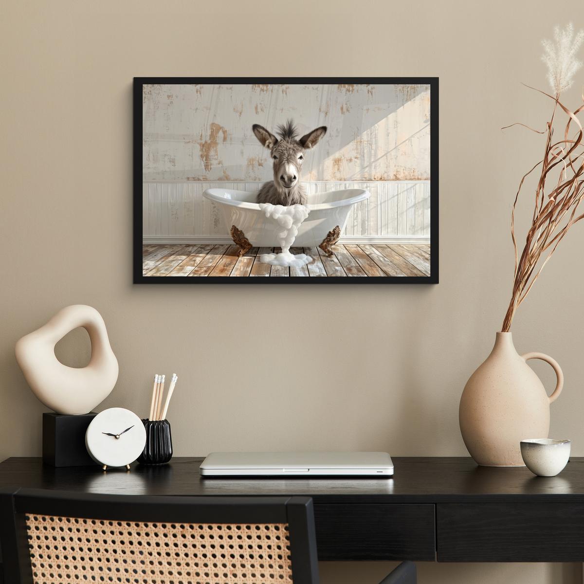 POSTER MIT RAHMENGERAHMTES BILD Esel - Tiere - Badewanne - Schaumstoff 60x40 cm - Weiß, Papier (60/40cm) - MuchoWow