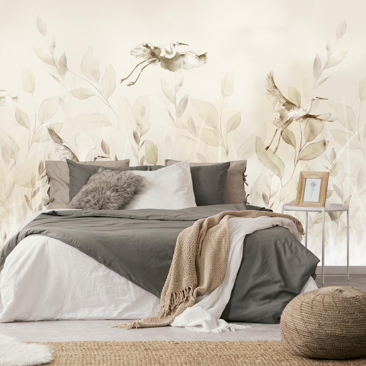 FOTOTAPETE Vögel Blätter Wiese Retro Stil 200x140 - Beige, Papier (200/140cm) - Muralo