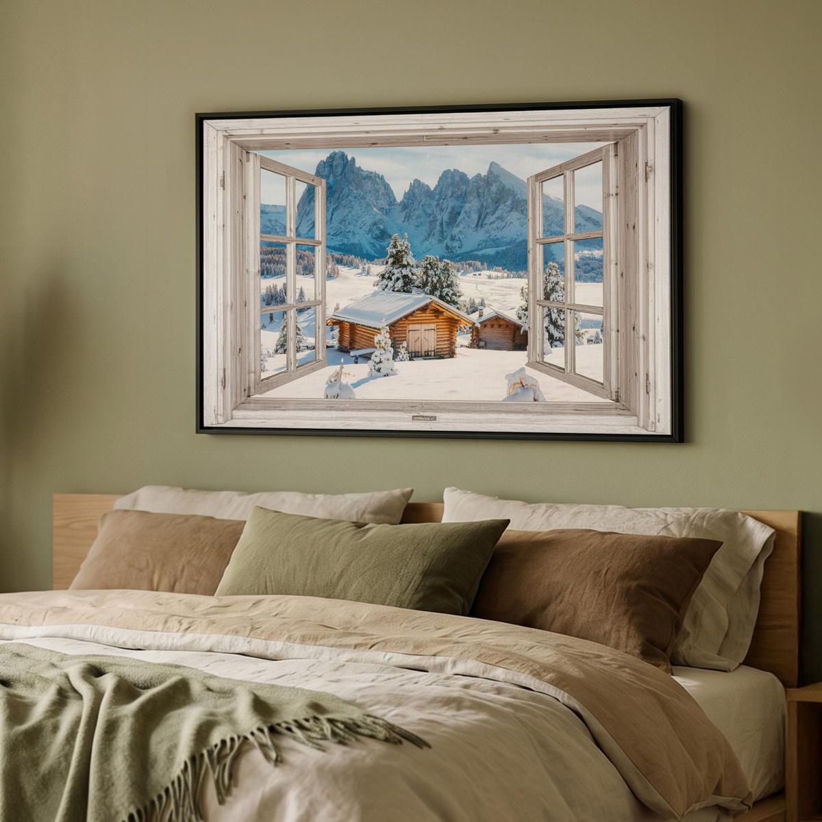 LEINWAND Bilder mit Rahmen - Winterlandschaft - Hütte - Berge - Ausblicke - Aussicht - Natur - 90x60 - Weiß Hochglanz, Textil (90/60cm) - MuchoWow