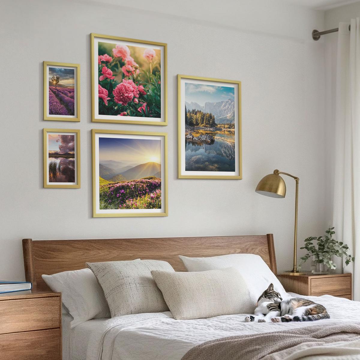 BILDER SET 5er Set - 50x50 cm & 20x30 cm & 40x60 cm Goldrahmen - Blumengarten, Bergwiese, Wasser - Goldfarben, Kunststoff (40/60cm) - TULUP