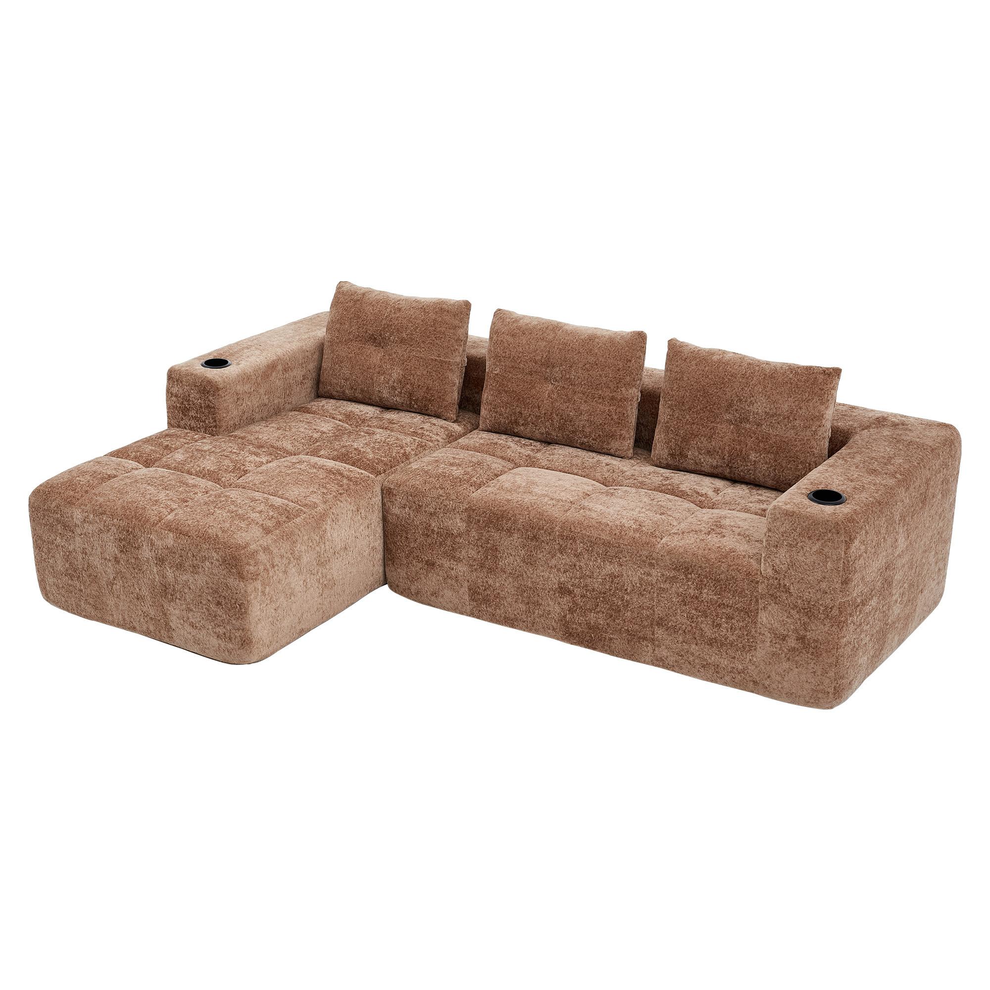 ECKSOFA chenille L-form mit getränkehaltern & 3 kissen - Braun, Textil (258/163cm) - Urban Meuble