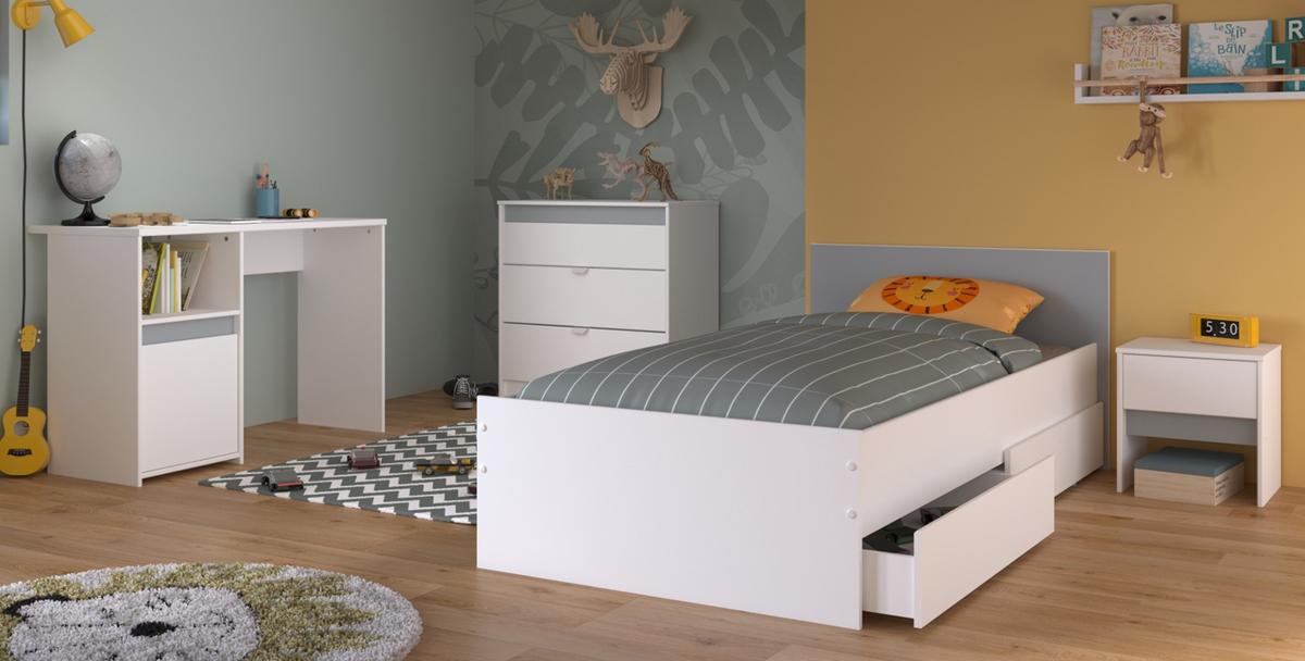 KINDERZIMMER weiß, grau oder rosa, Komplett-Set 4-teilig mit Stauraumbett 90x200 cm - Weiß, Holzwerkstoff (110/80/203cm) - Parisot Meuble