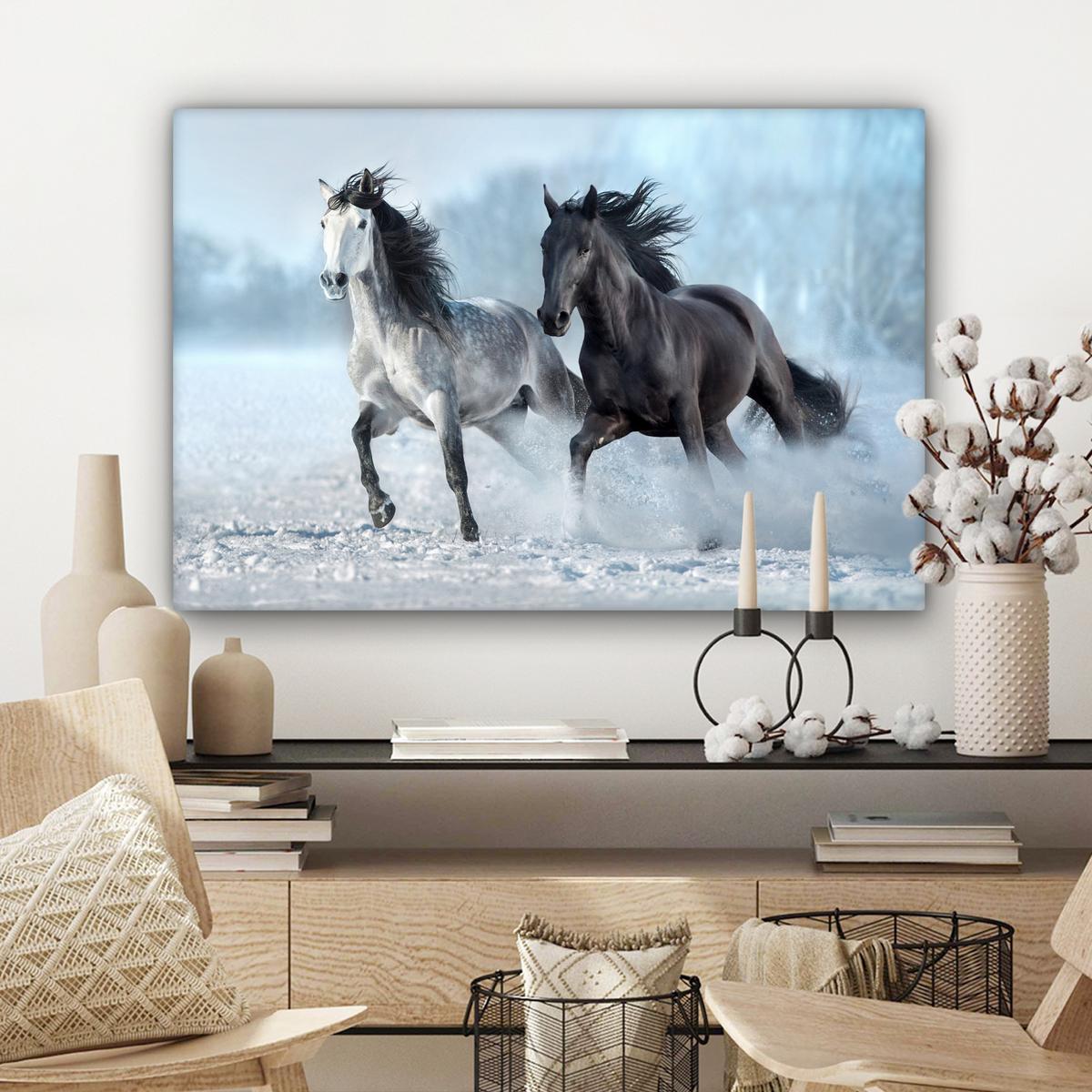 LEINWANDBILD Pferde - Winter - Tiere - Natur - Schnee Gemälde 60x40 cm - Anthrazit, Textil (60/40cm) - MuchoWow