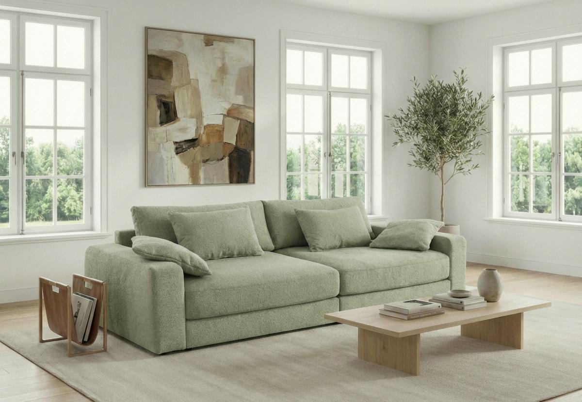 BIG-SOFA mit Federkern B290/T135/H90 cm extratief, Liegefläche 122x240 cm, Flachgewebe Hellgrün / 15247 - Schwarz/Hellgrün, Kunststoff/Textil (290/90/135cm) - luma-home