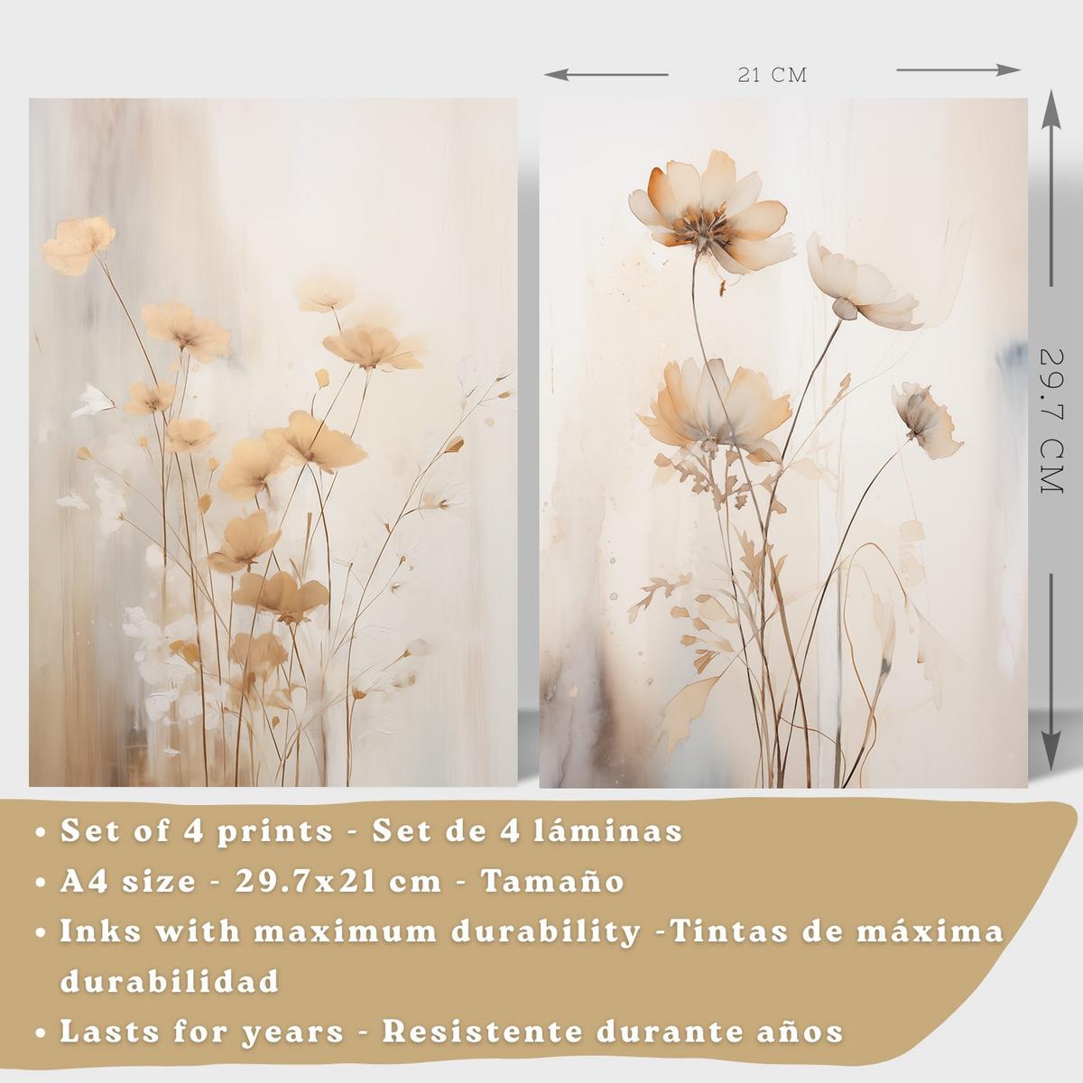 POSTER 4er-Set Wandbilder Blumen Vintage modern Wohnzimmer Deko, Schlafzimmer, Küche, Badezimmer Rahmenlos A4 - Weiß, Papier (29.7/1/21cm) - Nacnic
