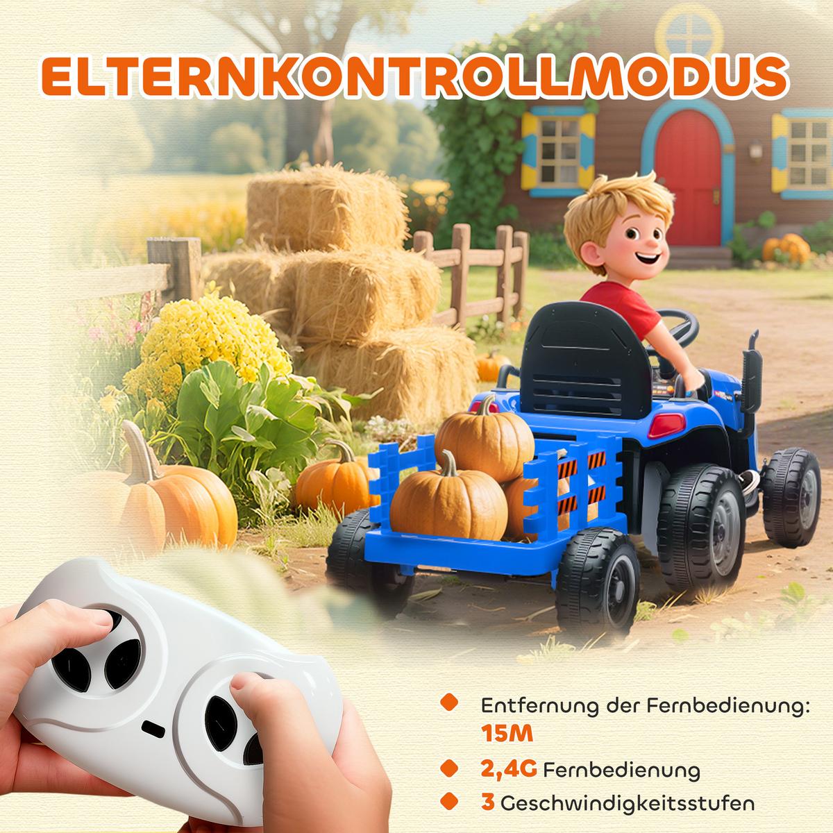 KINDER-ELEKTROTRAKTOR 3-Gang mit Anhänger, 2 Motor, für 3-8 Jahre, Blau - Blau, Metall (139/58/55cm) - AIYAPLAY
