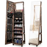 SCHMUCKSCHRANK mit Rollen Rustikales Braun - Wildeiche, Glas (40/163/38cm) - COSTWAY