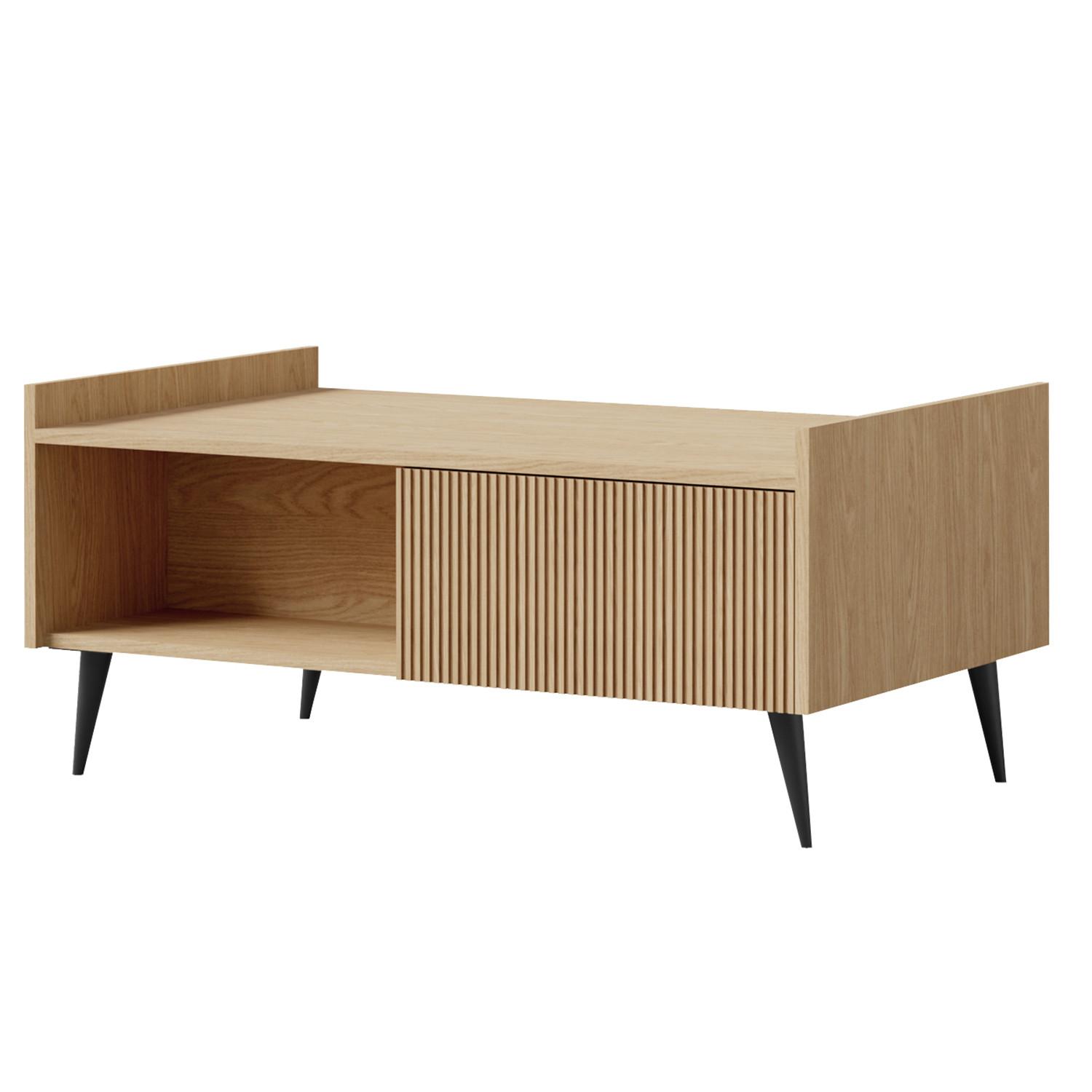 COUCHTISCH Amfali mit 1 Tür und offener Ablage, geriffelte Fronten, Push-to-open, Metallbeine, 100 cm, Frühlings-Eiche - Eichefarben/Schwarz, Holzwerkstoff/Metall (60/100/45cm) - Beautysofa