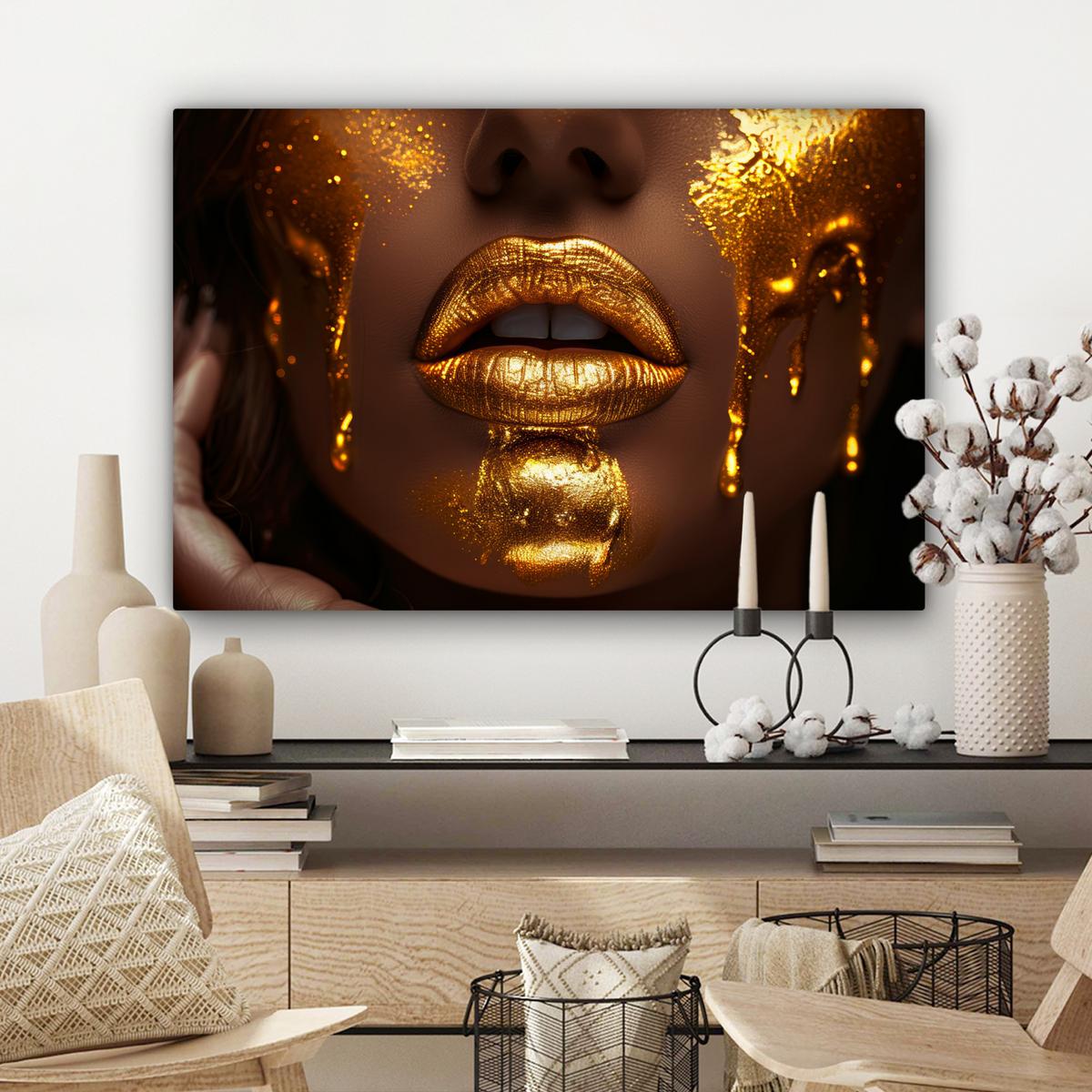 LEINWANDBILD Frau - Gold - Luxus - Porträt Gemälde 60x40 cm - Goldfarben, Textil (60/40cm) - MuchoWow