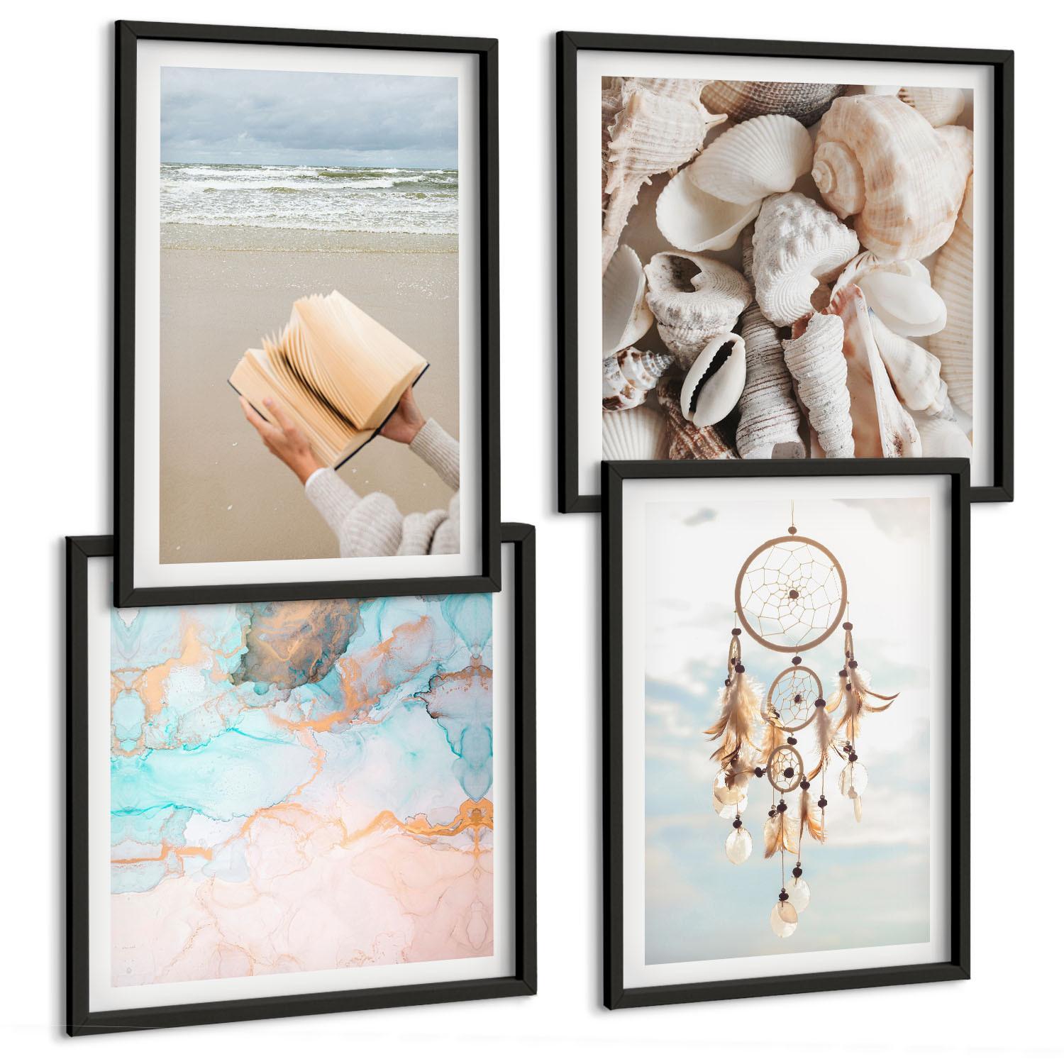BILDER SET 4er Set - 50x50 cm & 40x60 cm Schwarzer Rahmen - Boho-Buch mit Muscheln - Schwarz, Kunststoff (50/50cm) - TULUP