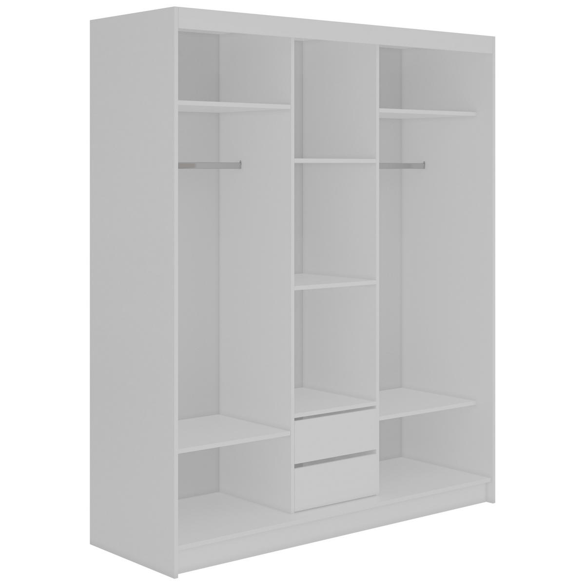 SCHWEBETÜRENSCHRANK mit Schubladen 180 - DUBROWNIK - Weiß mit Spiegel - Alufarben/Weiß, Holzwerkstoff/Metall (180/216/61cm) - MKS