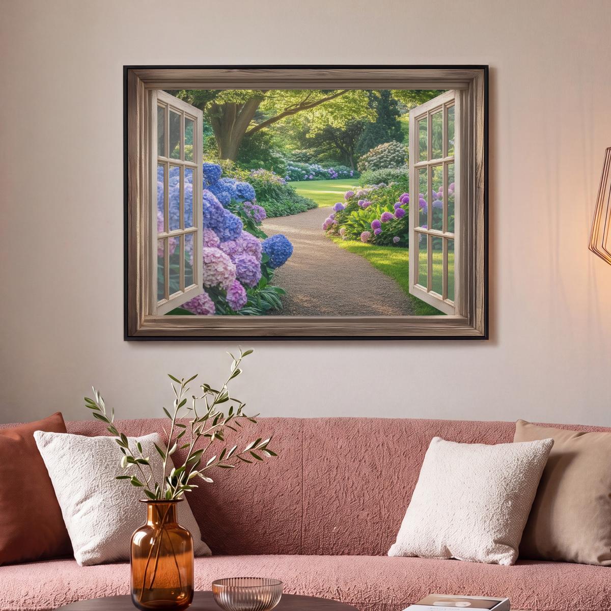LEINWAND Bilder mit Rahmen - Aussicht - Garten - Fenster - Hortensie - Blumen - 100x70 - Pastellblau, Textil (100/70cm) - MuchoWow