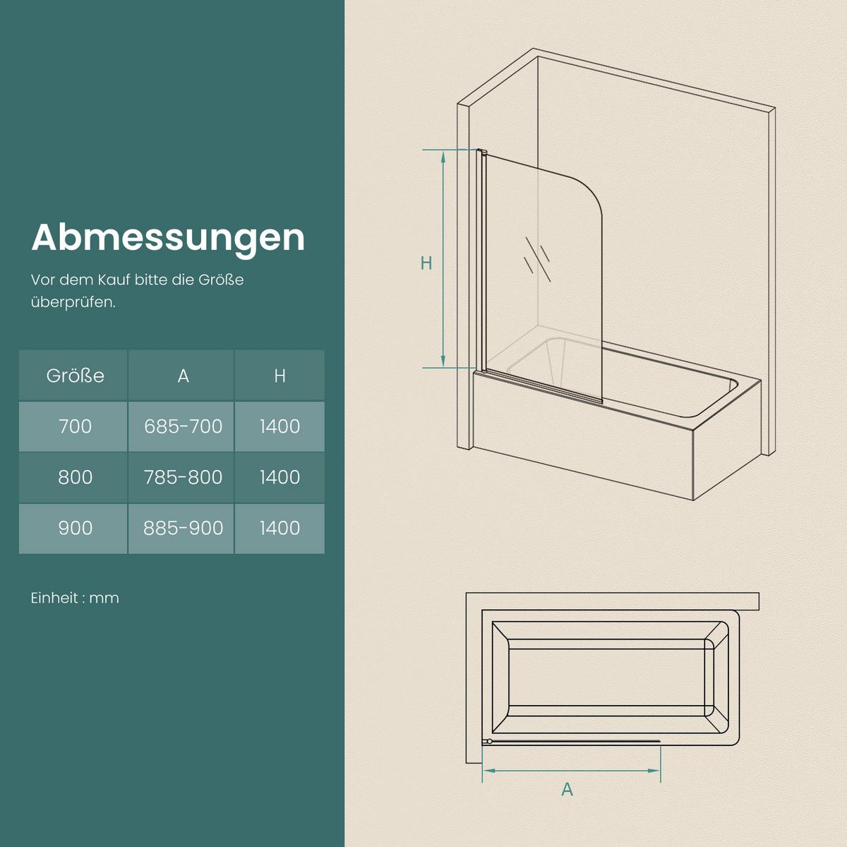 DUSCHWAND für Badewannen mit Schwenkfunktion Leicht zu Reinigen 80/140 cm - Transparent, Glas (80/140cm) - EMKE