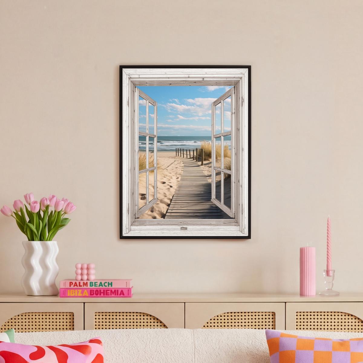 LEINWAND Bilder mit Rahmen - Fenster - Meer - Küste - Natur - Ausblick - Strand - Wattenmeer - 50x70 - Beige, Textil (50/70cm) - MuchoWow