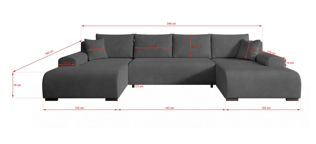 WOHNLANDSCHAFT Nelly U mit Bettkasten und Schlaffunktion, Cordstoff in U-Form - Dunkelgrau, Textil (349/80/185cm)