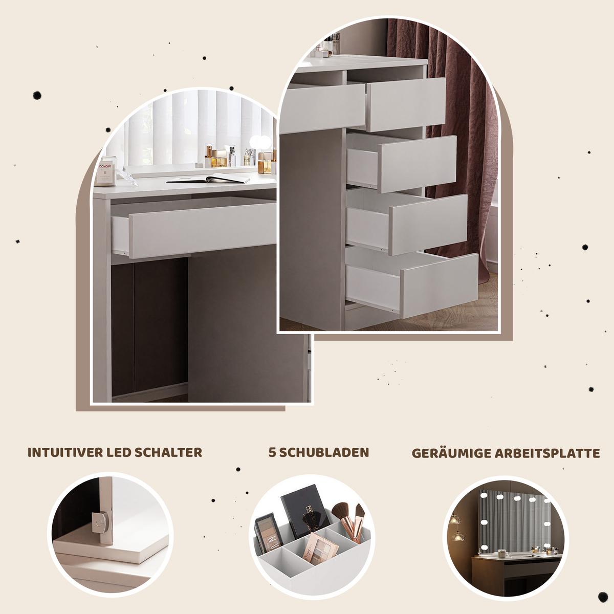 SCHMINKTISCH Bella Weiß 110 cm mit Spiegel und LED Beleuchtung - Weiß, Holzwerkstoff (110/77/55cm) - Idohome