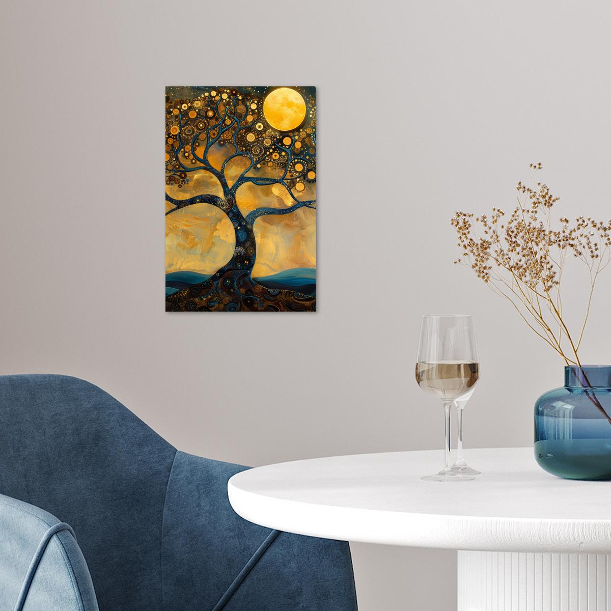 POSTER Baum - Mond - Blumen - Gold - Kunst Room Decor 20x30 cm - Orange, Papier (20/30/0.1cm) - MuchoWow