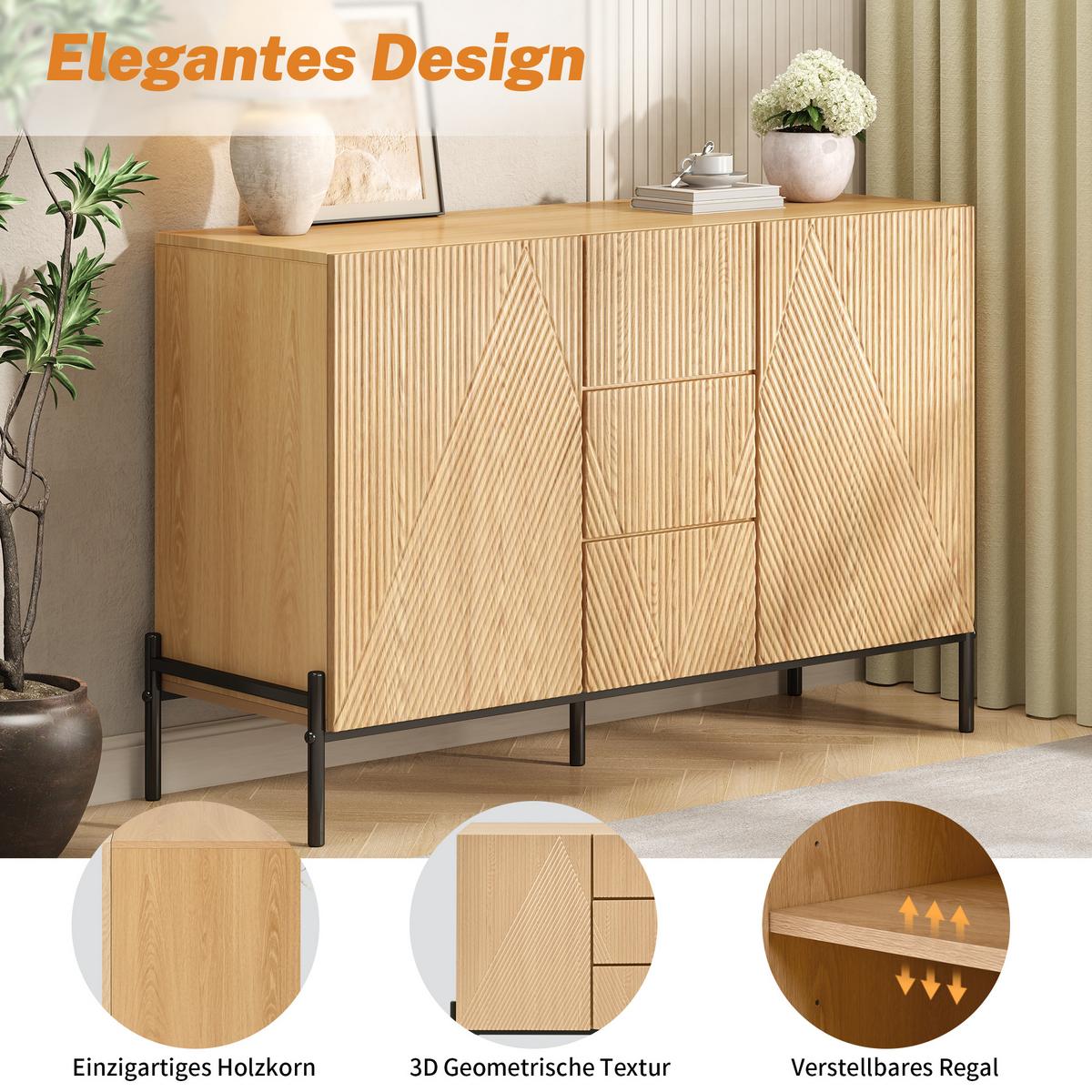 SIDEBOARD natur geometrisch 115cm 2 türen schubladen - Naturfarben, Holzwerkstoff (115.5/76/40cm) - Urban Meuble