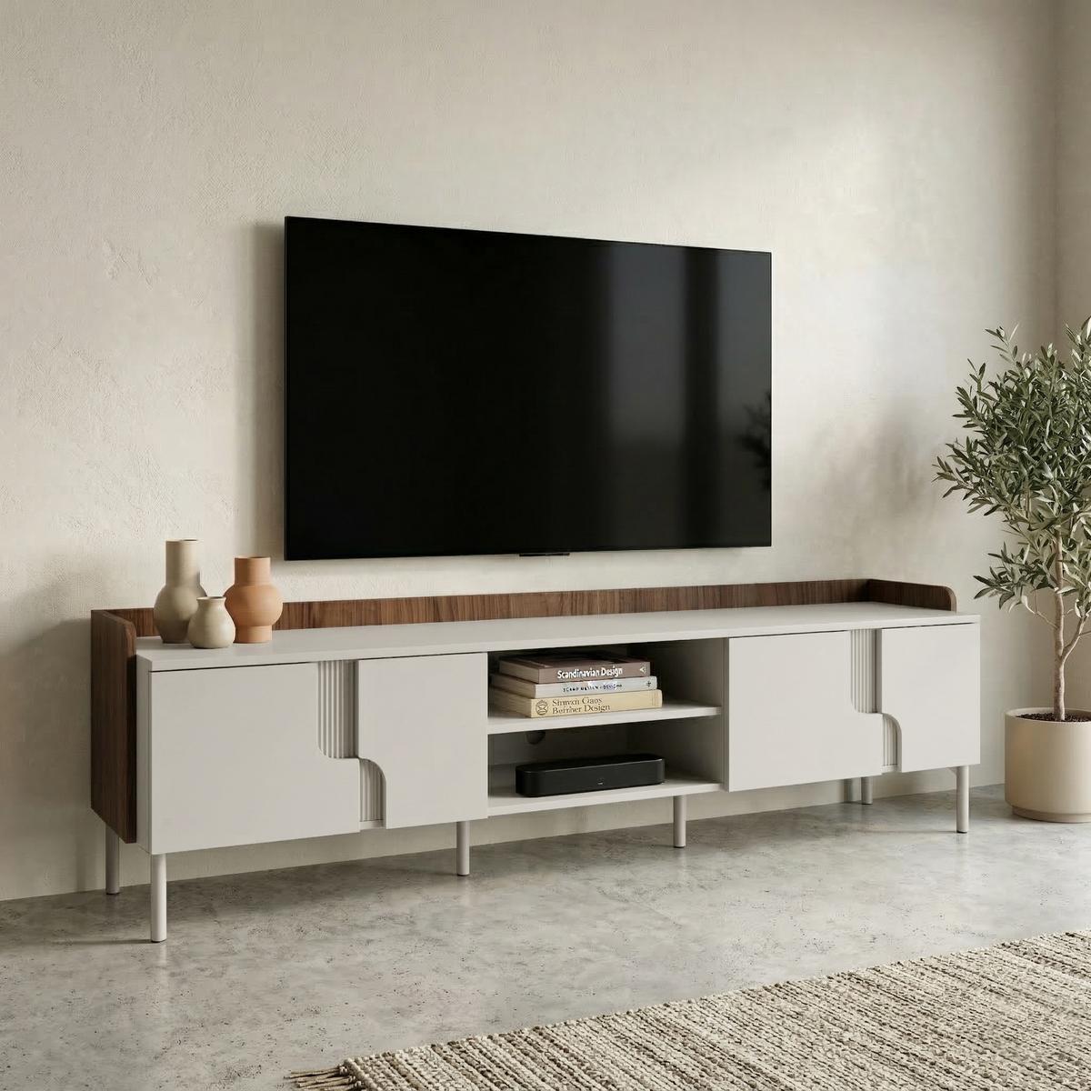 LOWBOARD Positivo mit 4 Türen, 200 cm, Alba-Nuss + Kaschmir - Nussbaumfarben, Holzwerkstoff (200/51/42cm) - Beautysofa