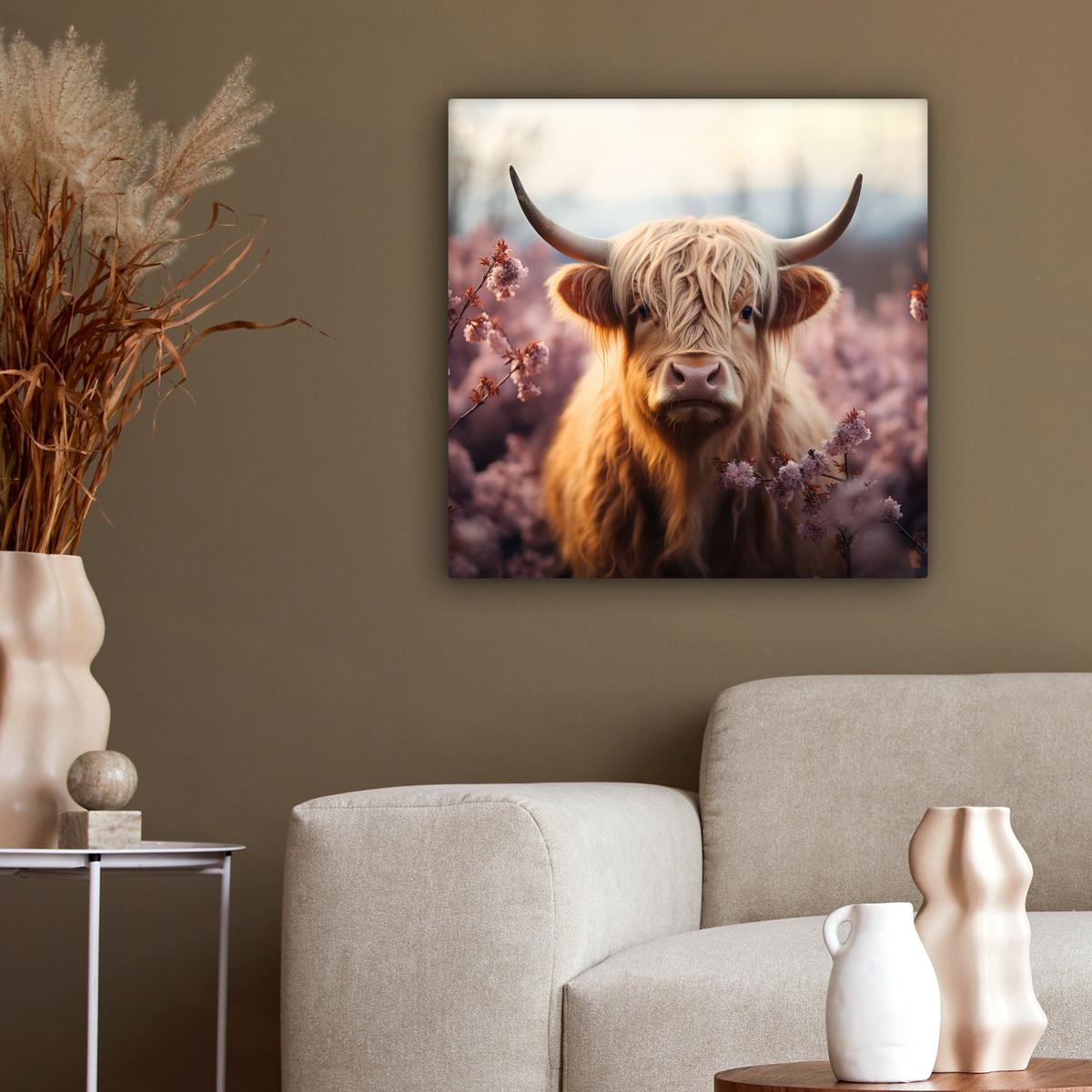 LEINWANDBILD Schottischer Hochländer - Frühling - Hochland Wandbild Wohnzimmer 50x50 cm - Hellrosa, Textil (50/50cm) - MuchoWow