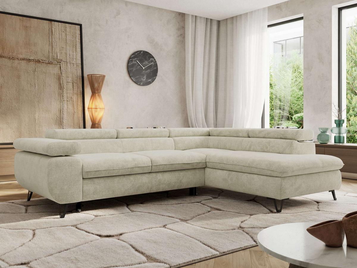 ECKSOFA PABLO L Creme Schenille grob gewebt - Rechts Seite - Creme/Schwarz, Textil/Metall (273/208cm) - MKS