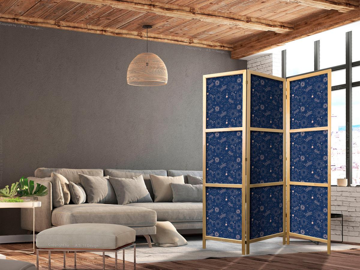 PARAVENT Japanischer 3-tlg 135x172 cm Kosmische Inspiration - Blau, Holz/Textil (135/172/3cm) - Muralo