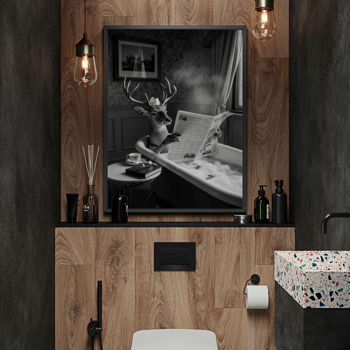 POSTER für Badezimmer WC Rehe HIRSCH in Badewanne Zeitung Abstraktion 20x30cm - Schwarz/Weiß, Papier (20/30/1cm) - Muralo