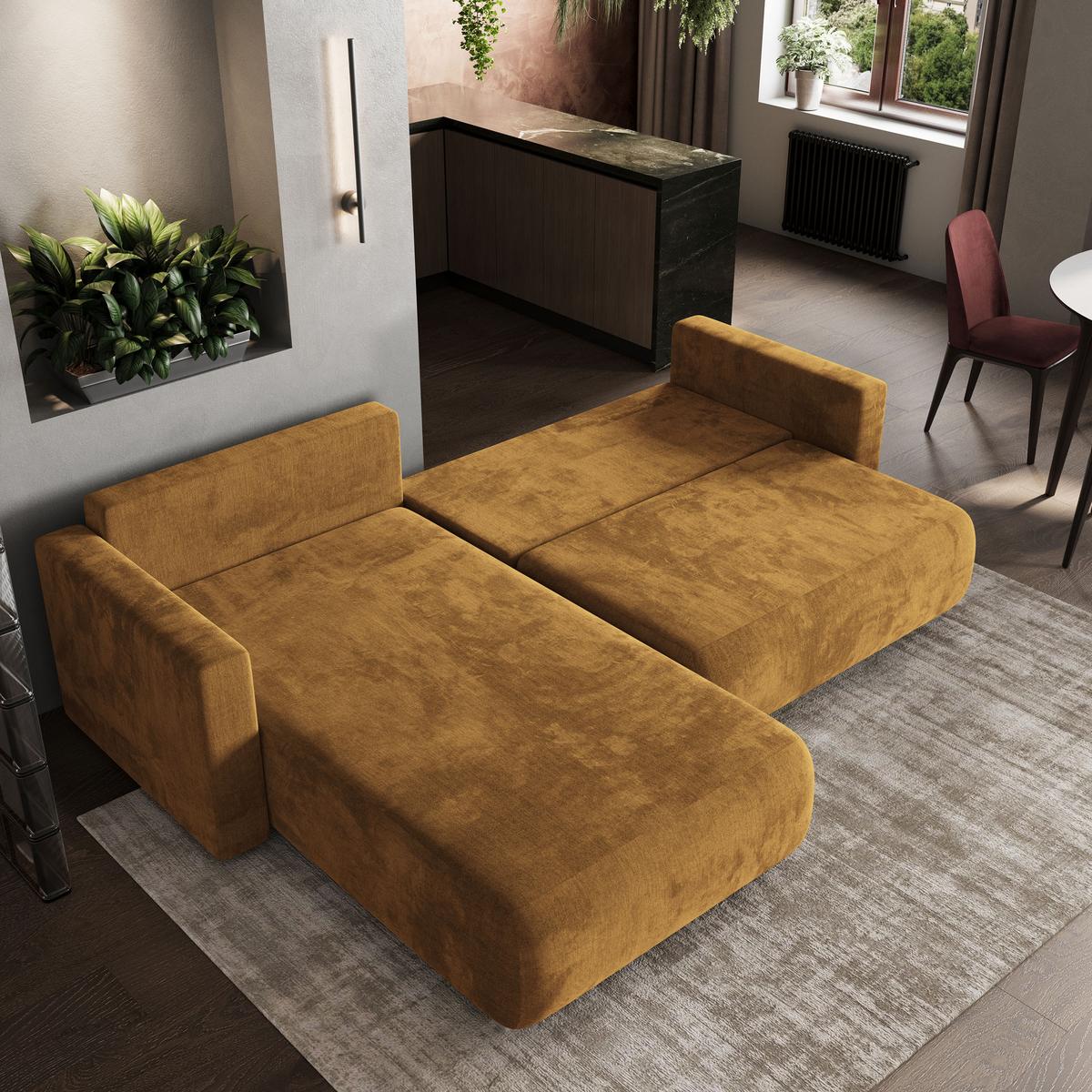 ECKSOFA TURIN M Gelb Velours-Stoff mit Schlaffunktion - Gelb/Grau, Holz/Kunststoff (265/183cm) - MASSENO