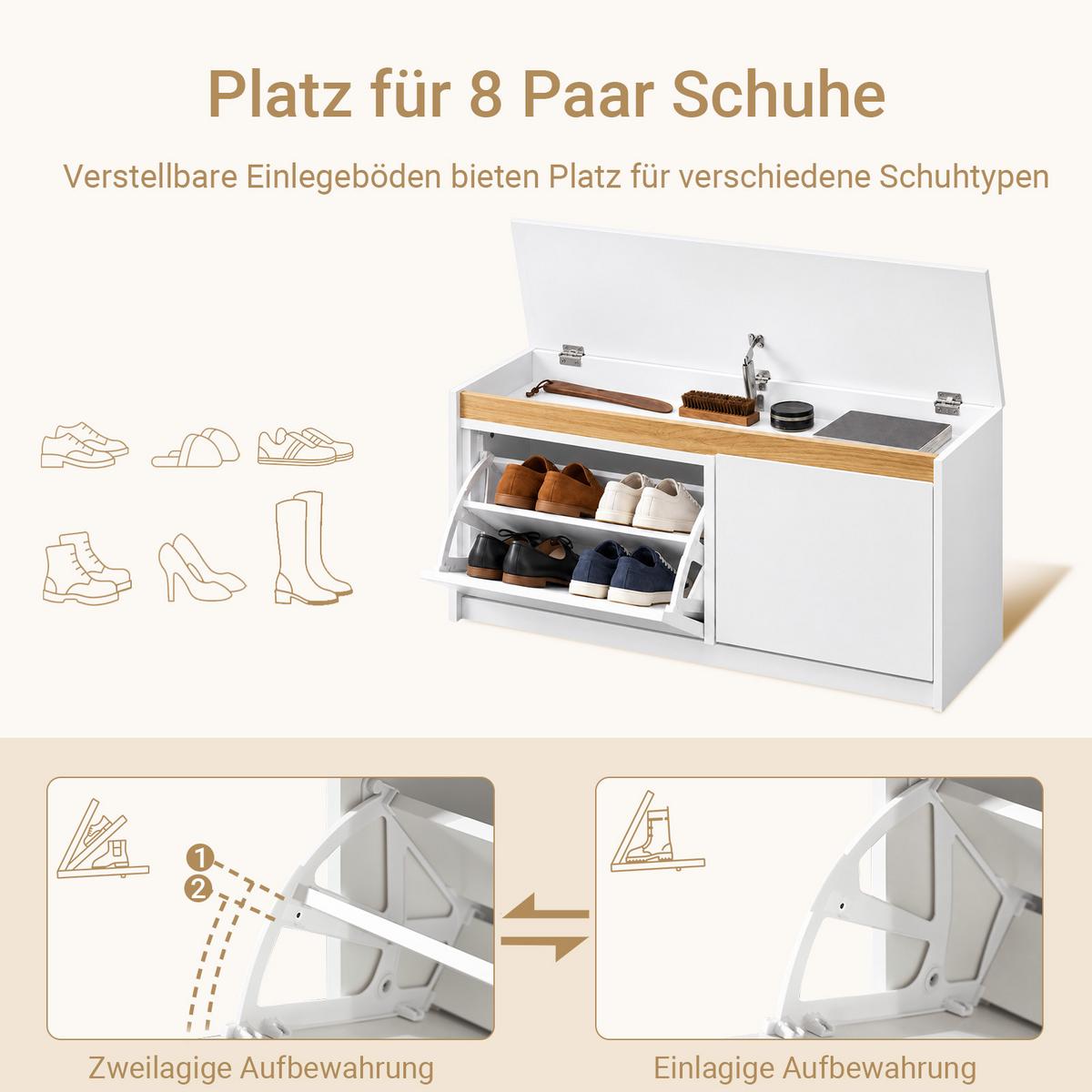 SCHUHBANK mit 2 Klappen, 104x47x30 cm, Weiß mit Holz-Sitzfläche, 8 Paar Schuhe, für Flur, Diele & Schlafzimmer - Weiß, Holzwerkstoff (104/47/30cm) - SoBuy