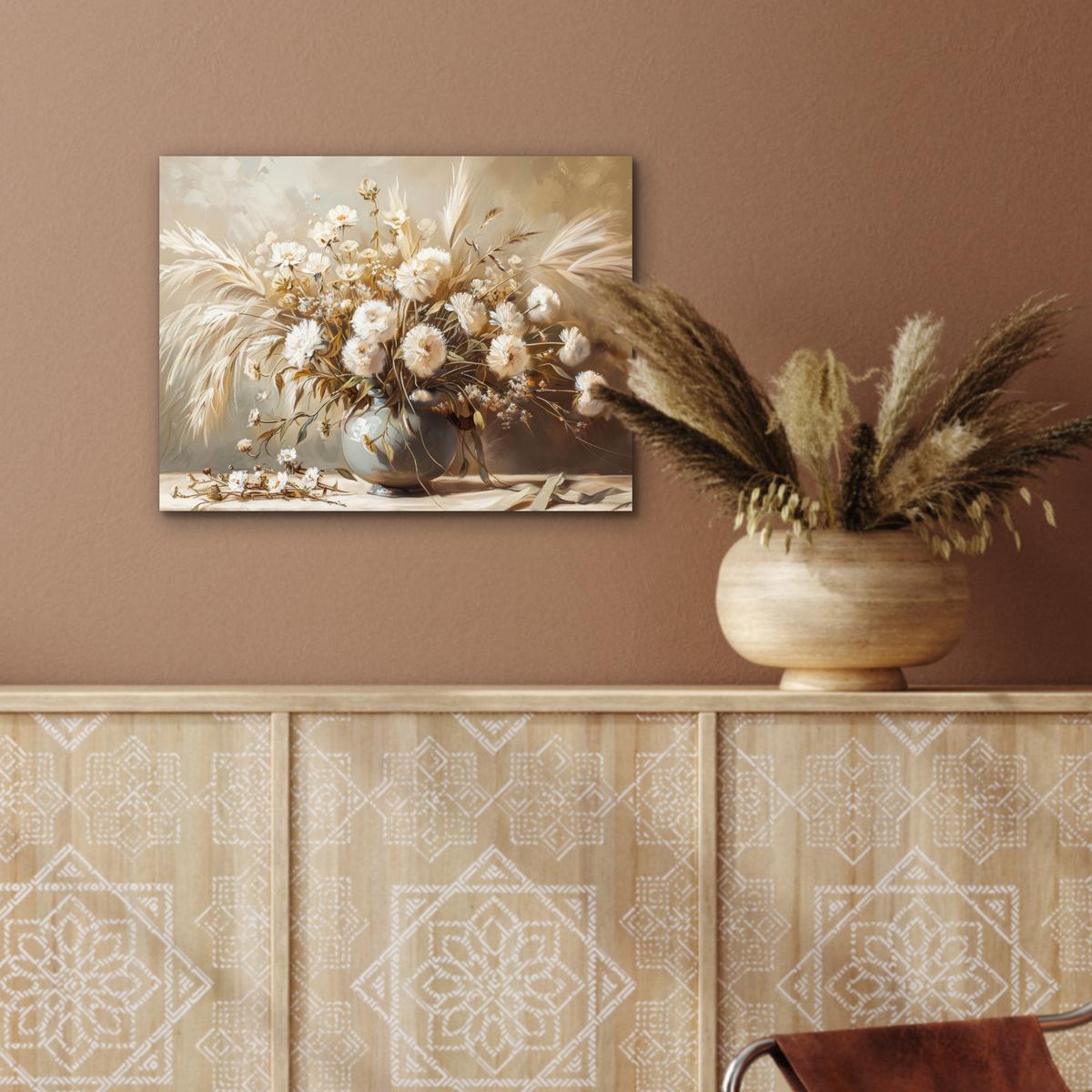 METALLBILD Blumen - Vase - Stilleben - Beige 40x30 cm - Creme, Metall (40/30cm) - MuchoWow